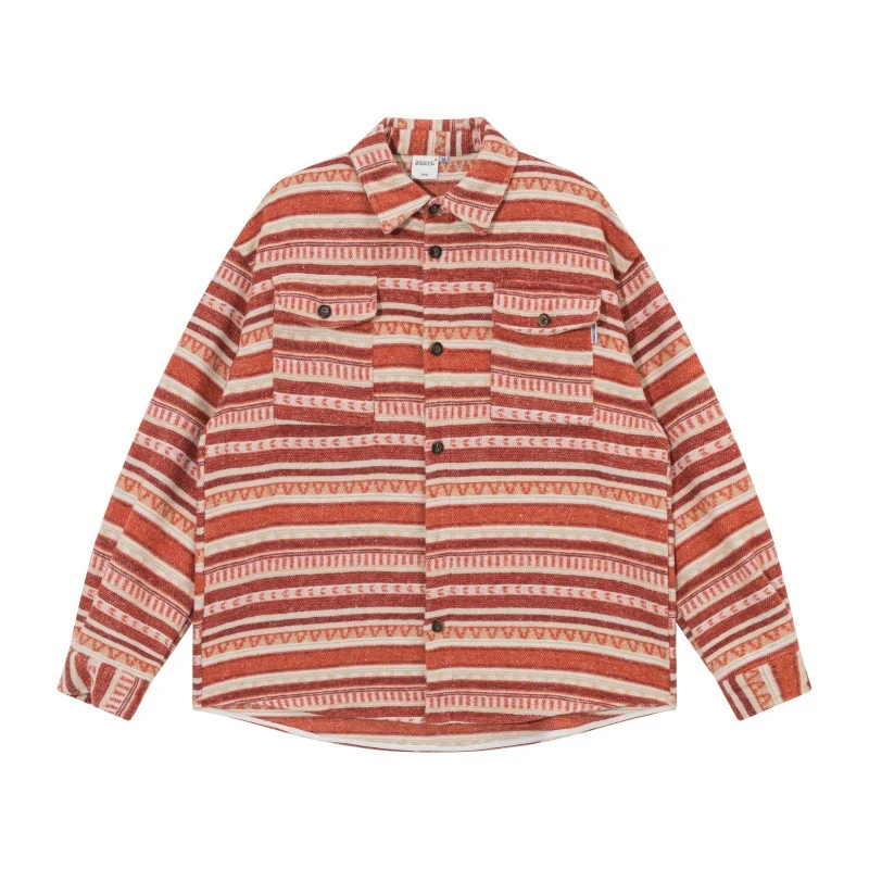 Unisex Oversize-Strickshirtjacke im Ethno‑Streifenmuster mit Pattentaschen Nord Taschen