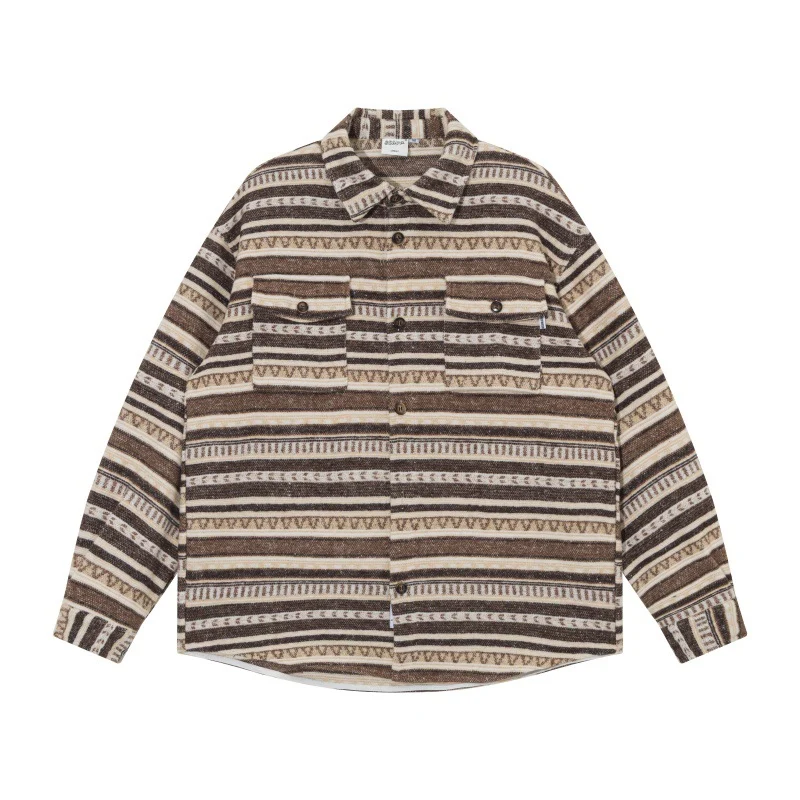 Unisex Oversize-Strickshirtjacke im Ethno‑Streifenmuster mit Pattentaschen Nord Taschen