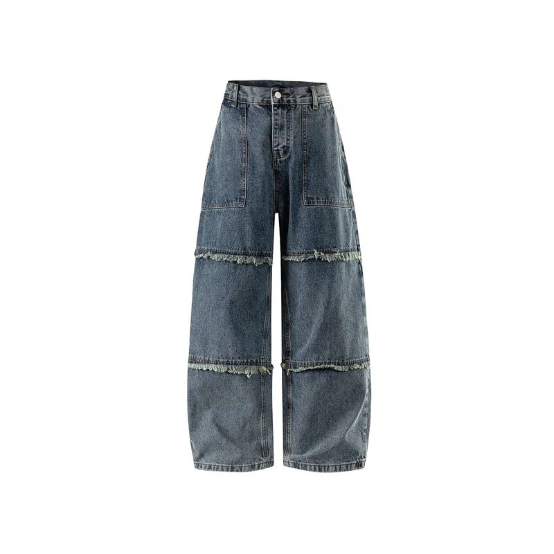 Damen High‑Waist Weite Denim-Culotte mit aufgesetzten Taschen und Fransen Nord Taschen