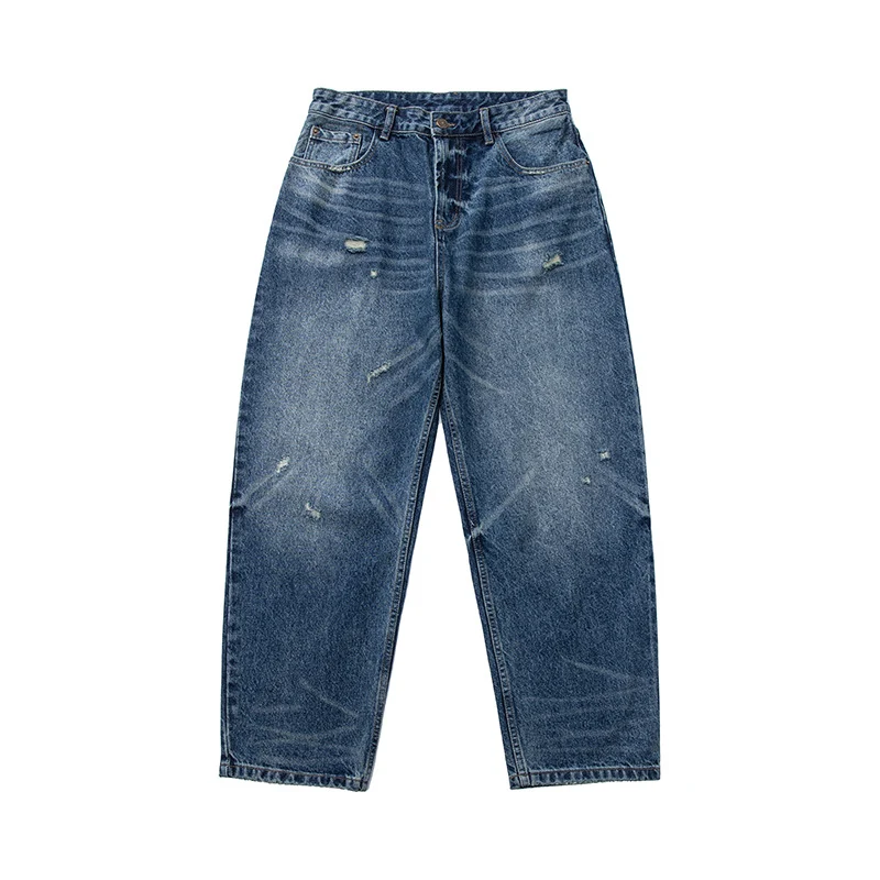 Damen High‑Waist weit geschnittene Jeans im Used‑Look mit Knopfverschluss und dezenten Rissen Nord Taschen