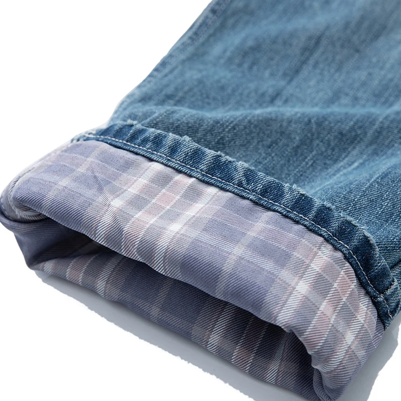 Damen High‑Waist Relaxed‑Fit Jeans mit weitem Bein, umgeschlagenem Saum und karierter Innenfutter Nord Taschen
