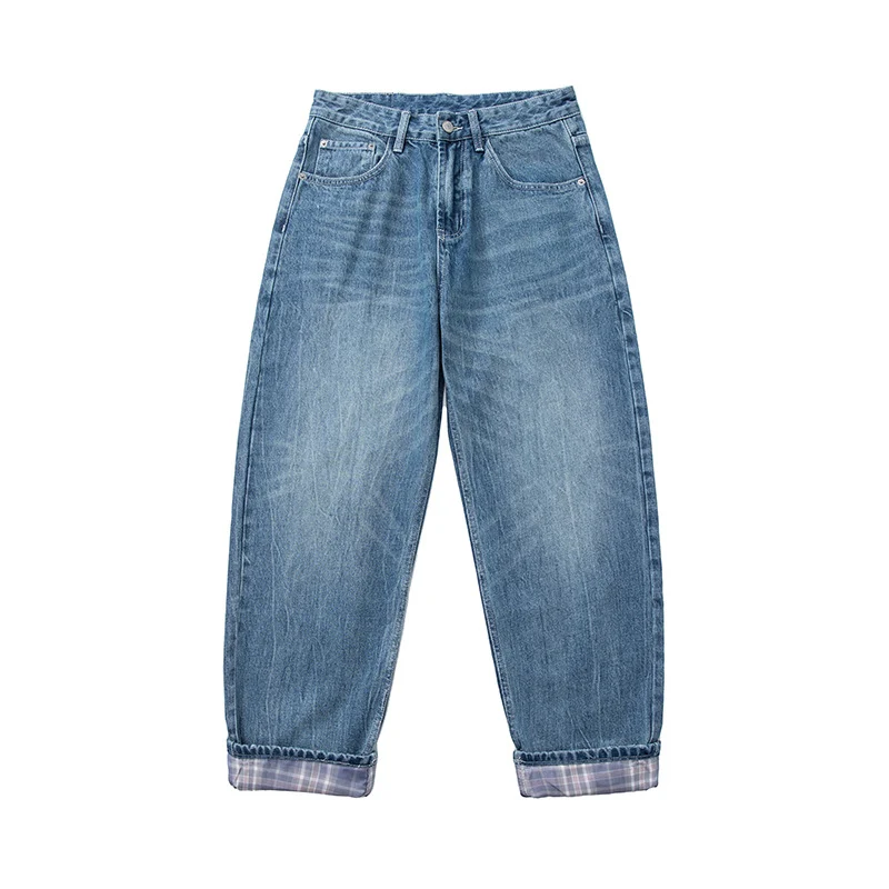 Damen High‑Waist Relaxed‑Fit Jeans mit weitem Bein, umgeschlagenem Saum und karierter Innenfutter Nord Taschen