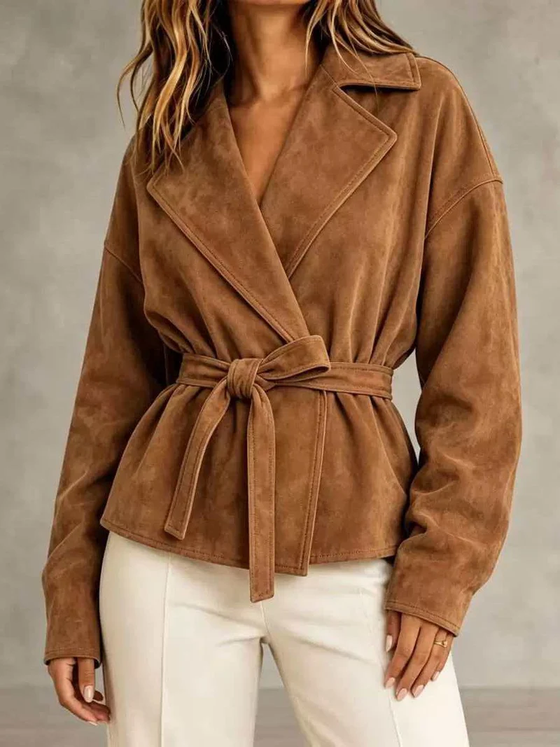 Damen Veloursleder-Blazer mit Wickelgürtel und Oversize-Ärmeln Nord Taschen