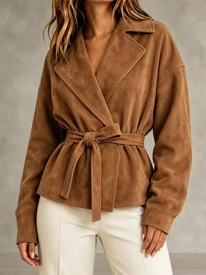 Damen Veloursleder-Blazer mit Wickelgürtel und Oversize-Ärmeln Nord Taschen