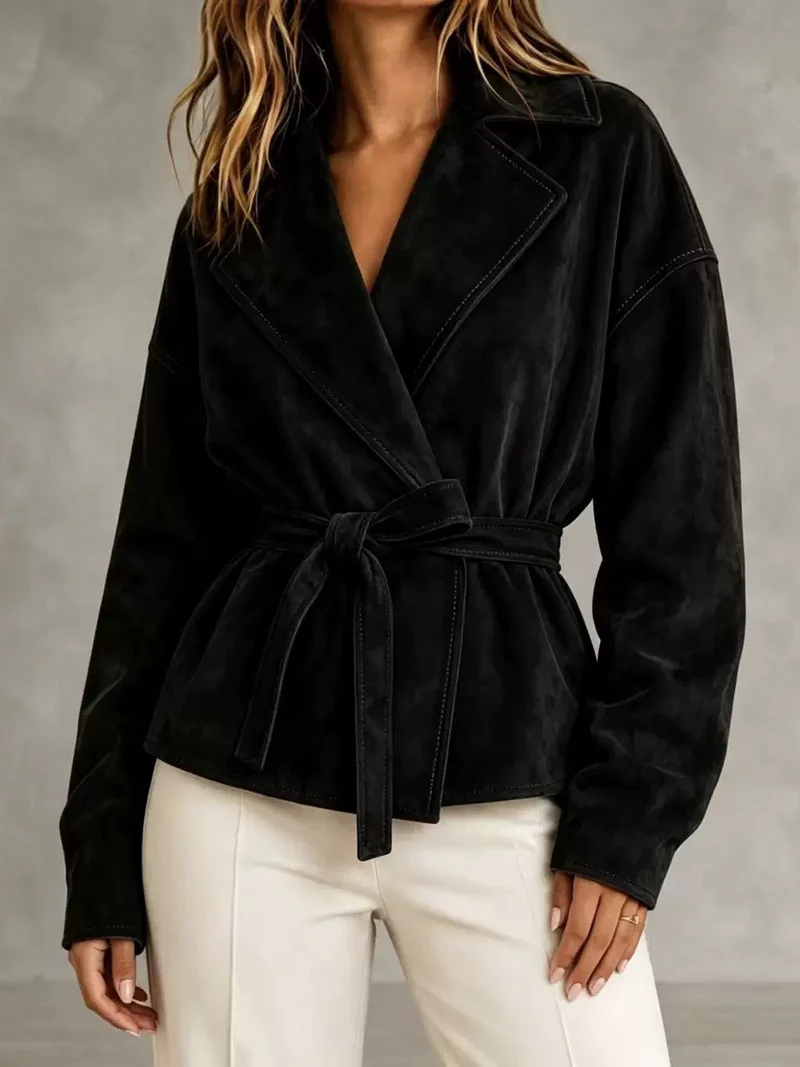 Damen Veloursleder-Blazer mit Wickelgürtel und Oversize-Ärmeln Nord Taschen