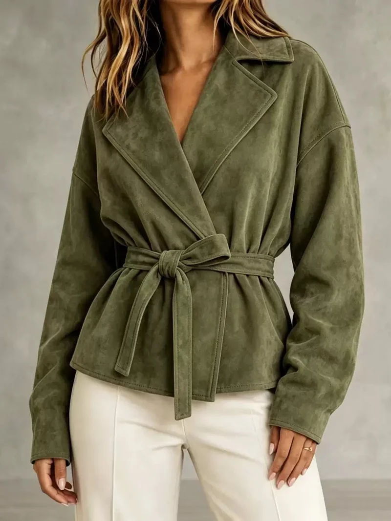 Damen Veloursleder-Blazer mit Wickelgürtel und Oversize-Ärmeln Nord Taschen