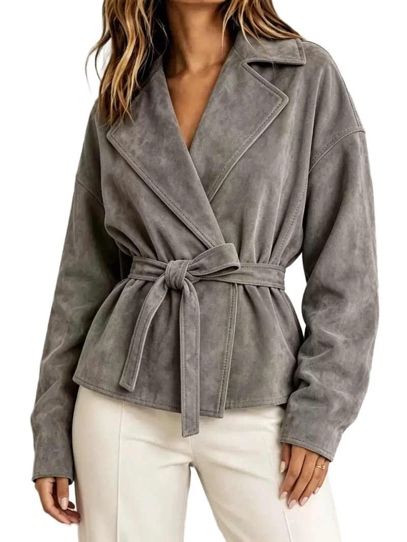 Damen Veloursleder-Blazer mit Wickelgürtel und Oversize-Ärmeln Nord Taschen