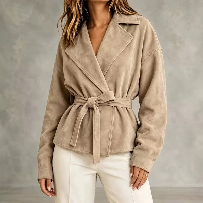 Damen Veloursleder-Blazer mit Wickelgürtel und Oversize-Ärmeln Nord Taschen