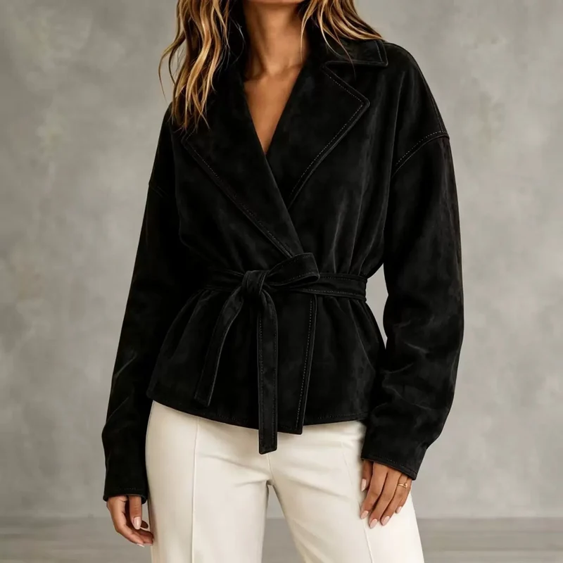 Damen Veloursleder-Blazer mit Wickelgürtel und Oversize-Ärmeln Nord Taschen