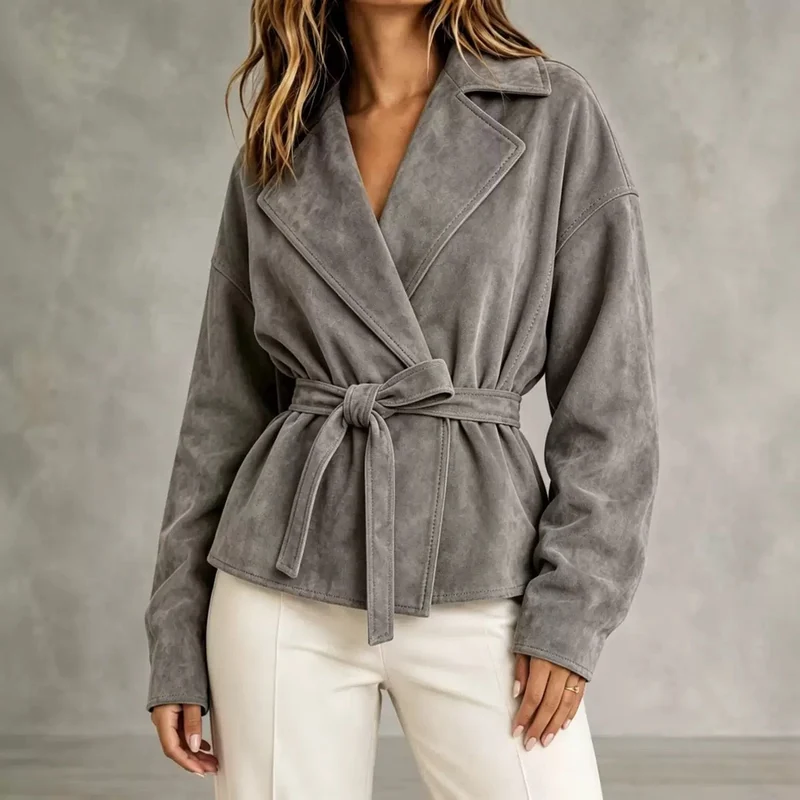 Damen Veloursleder-Blazer mit Wickelgürtel und Oversize-Ärmeln Nord Taschen