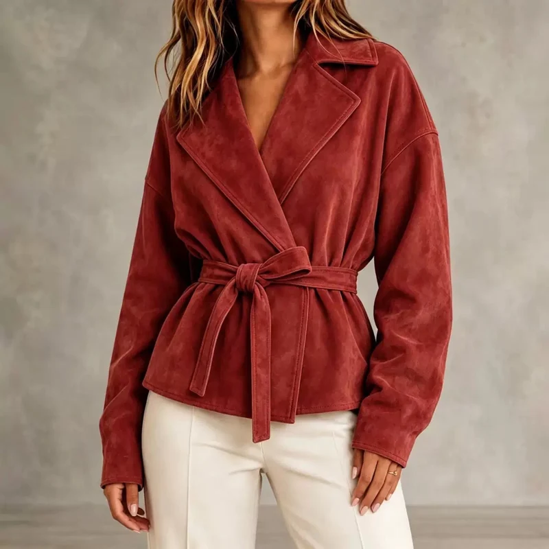 Damen Veloursleder-Blazer mit Wickelgürtel und Oversize-Ärmeln Nord Taschen
