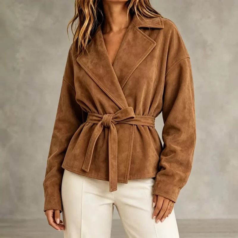 Damen Veloursleder-Blazer mit Wickelgürtel und Oversize-Ärmeln Nord Taschen