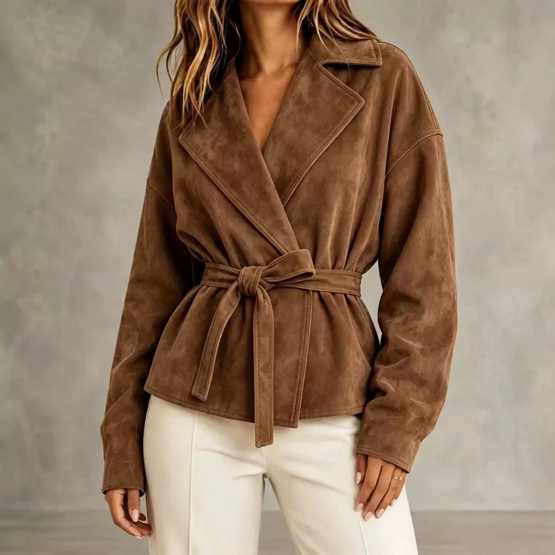 Damen Veloursleder-Blazer mit Wickelgürtel und Oversize-Ärmeln Nord Taschen
