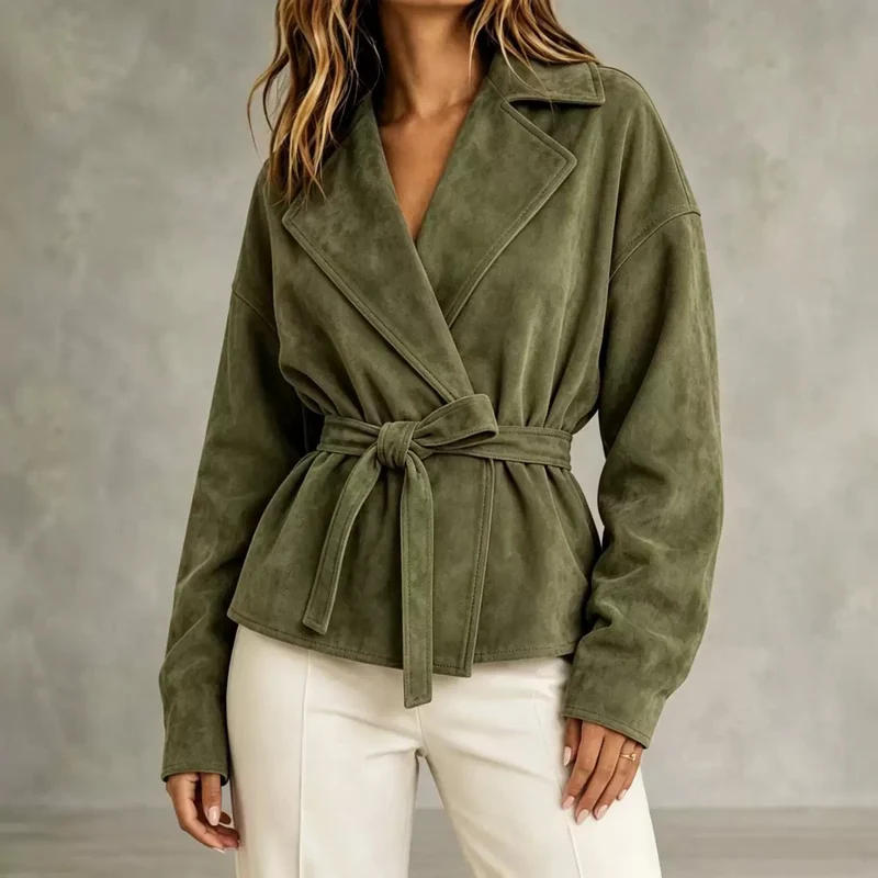 Damen Veloursleder-Blazer mit Wickelgürtel und Oversize-Ärmeln Nord Taschen