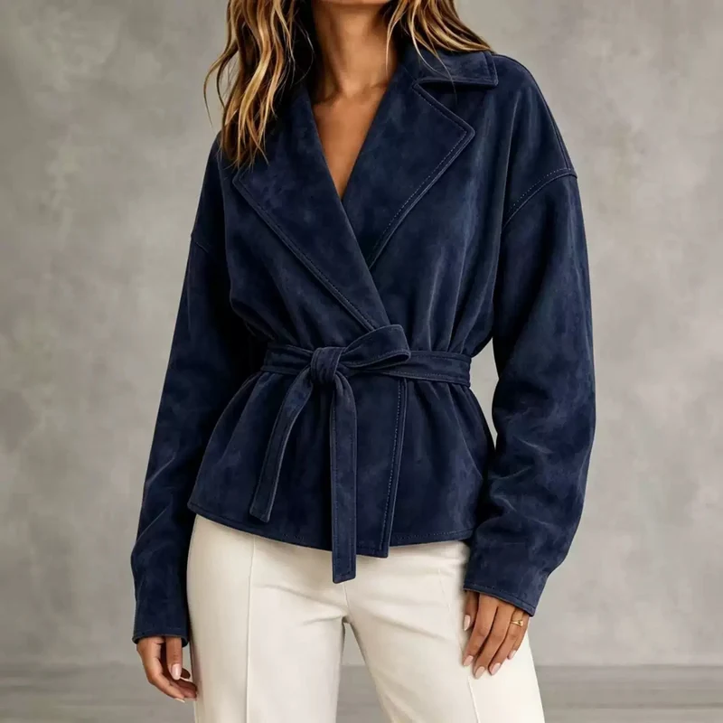 Damen Veloursleder-Blazer mit Wickelgürtel und Oversize-Ärmeln Nord Taschen