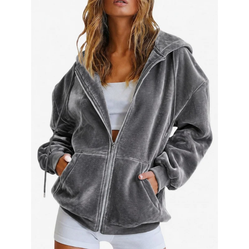 Damen Velours‑Zipjacke mit Kängurutaschen und Tunnelzugkapuze Nord Taschen