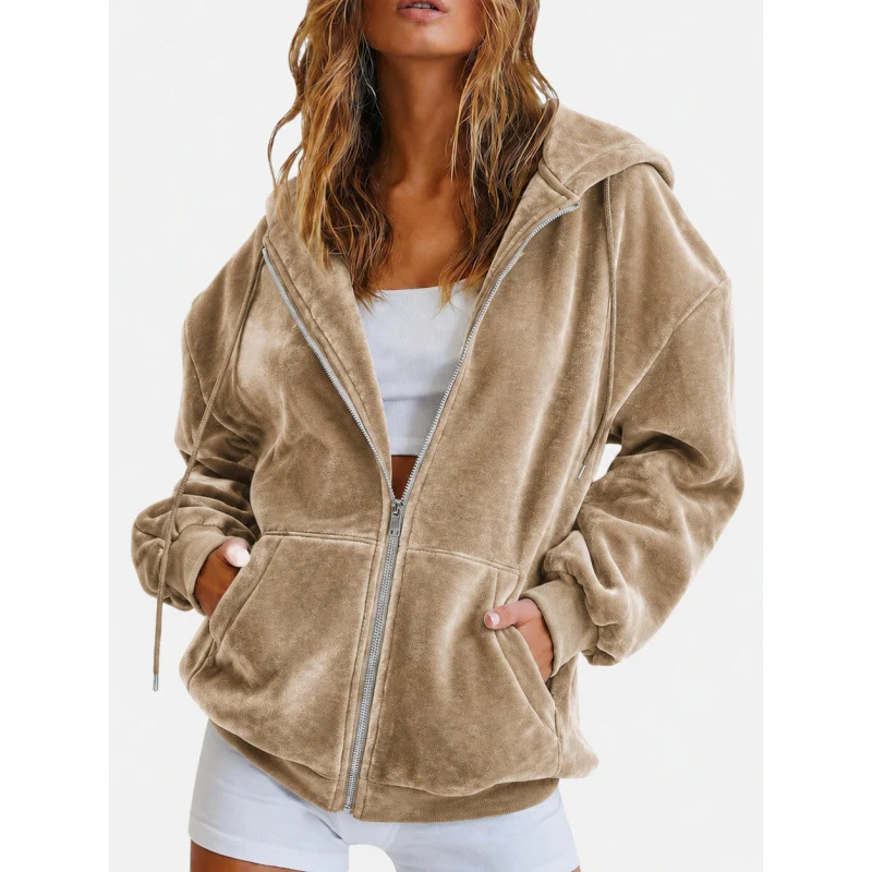 Damen Velours‑Zipjacke mit Kängurutaschen und Tunnelzugkapuze Nord Taschen