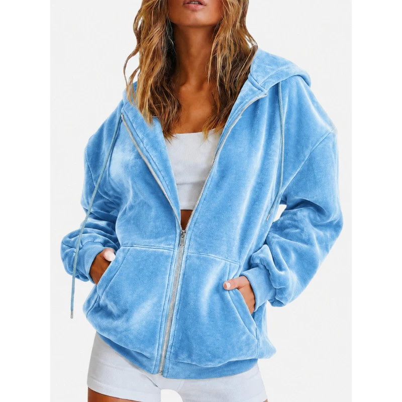 Damen Velours‑Zipjacke mit Kängurutaschen und Tunnelzugkapuze Nord Taschen