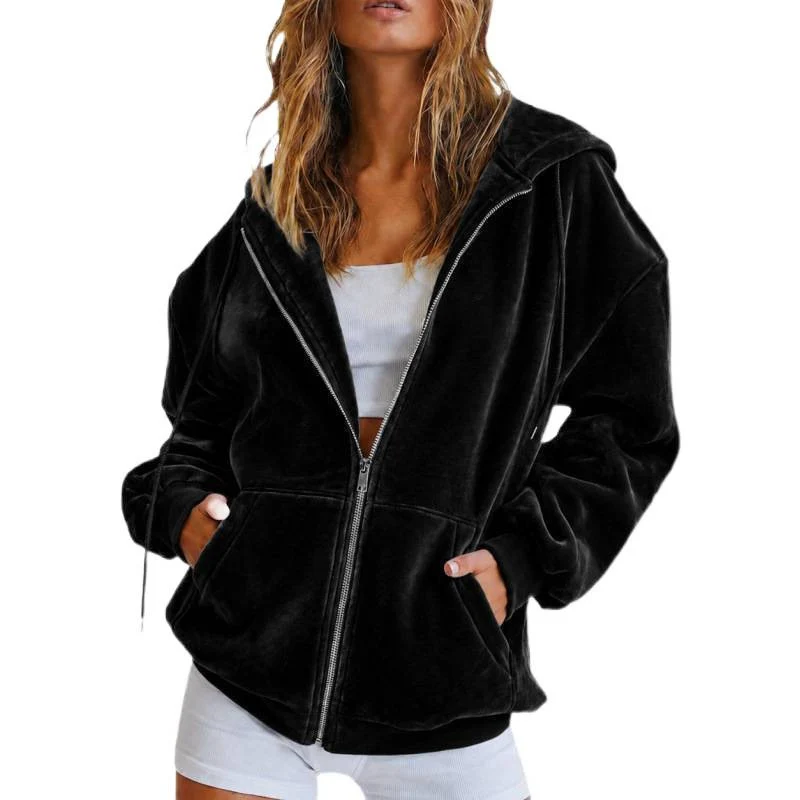 Damen Velours‑Zipjacke mit Kängurutaschen und Tunnelzugkapuze Nord Taschen