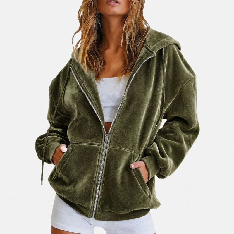 Damen Velours‑Zipjacke mit Kängurutaschen und Tunnelzugkapuze Nord Taschen