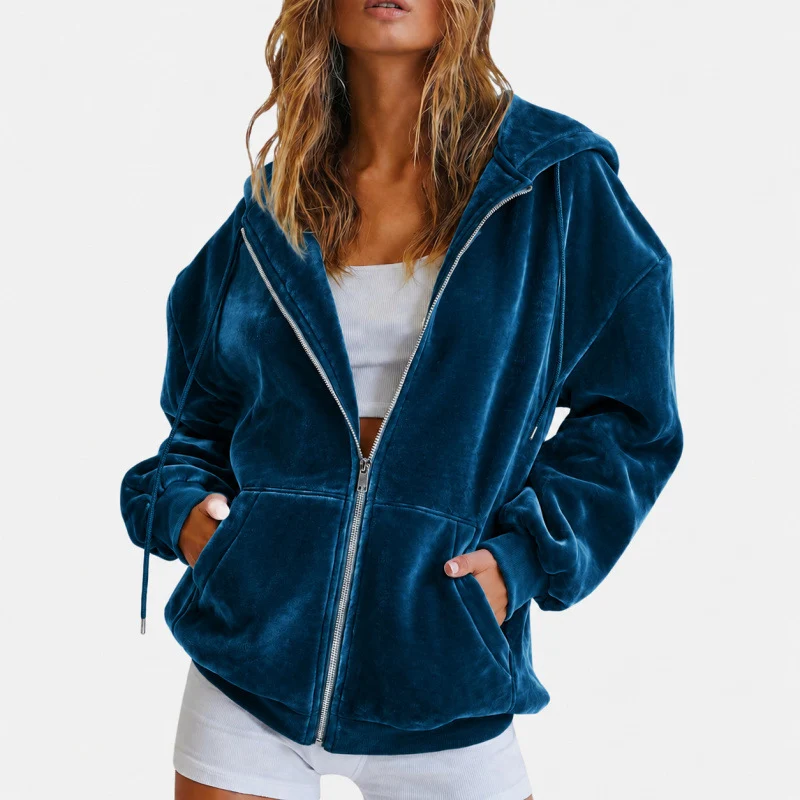 Damen Velours‑Zipjacke mit Kängurutaschen und Tunnelzugkapuze Nord Taschen