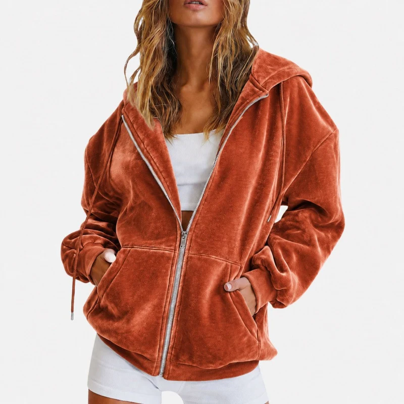 Damen Velours‑Zipjacke mit Kängurutaschen und Tunnelzugkapuze Nord Taschen