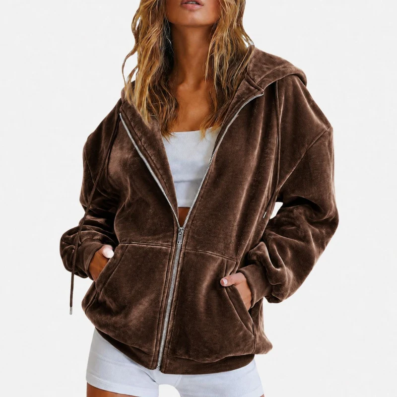 Damen Velours‑Zipjacke mit Kängurutaschen und Tunnelzugkapuze Nord Taschen