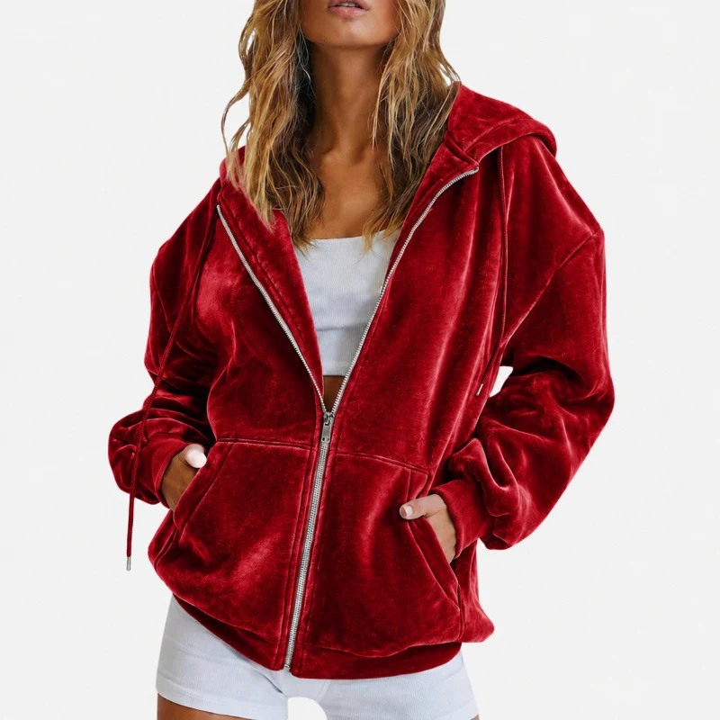 Damen Velours‑Zipjacke mit Kängurutaschen und Tunnelzugkapuze Nord Taschen