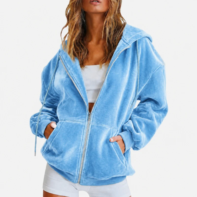 Damen Velours‑Zipjacke mit Kängurutaschen und Tunnelzugkapuze Nord Taschen
