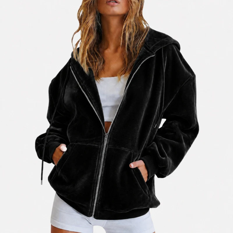 Damen Velours‑Zipjacke mit Kängurutaschen und Tunnelzugkapuze Nord Taschen