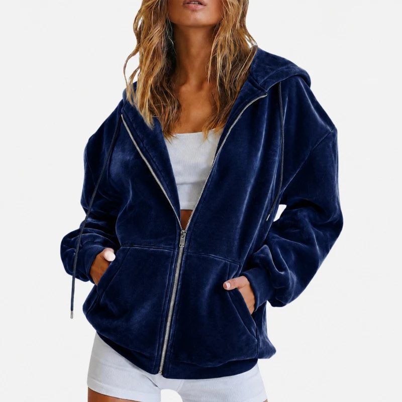 Damen Velours‑Zipjacke mit Kängurutaschen und Tunnelzugkapuze Nord Taschen