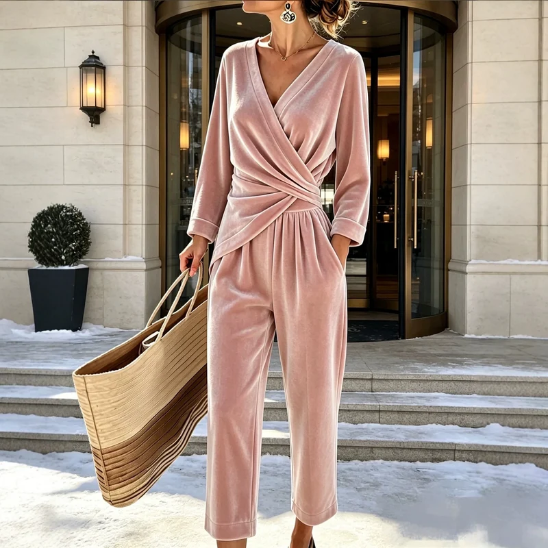 Damen Velours-Overall mit Wickeloberteil und weitem Hosenbein Nord Taschen