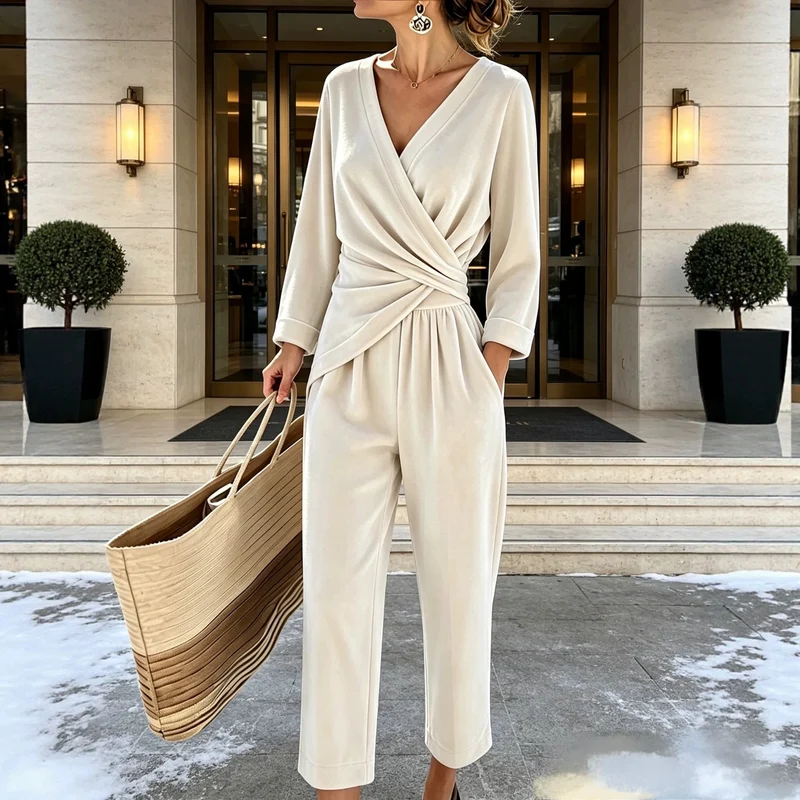 Damen Velours-Overall mit Wickeloberteil und weitem Hosenbein Nord Taschen