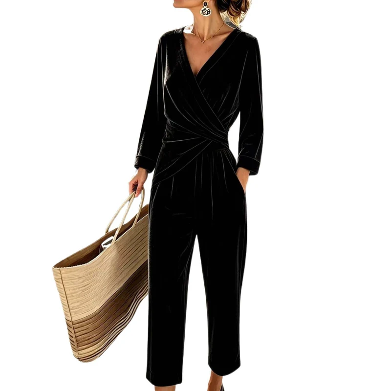 Damen Velours-Overall mit Wickeloberteil und weitem Hosenbein Nord Taschen