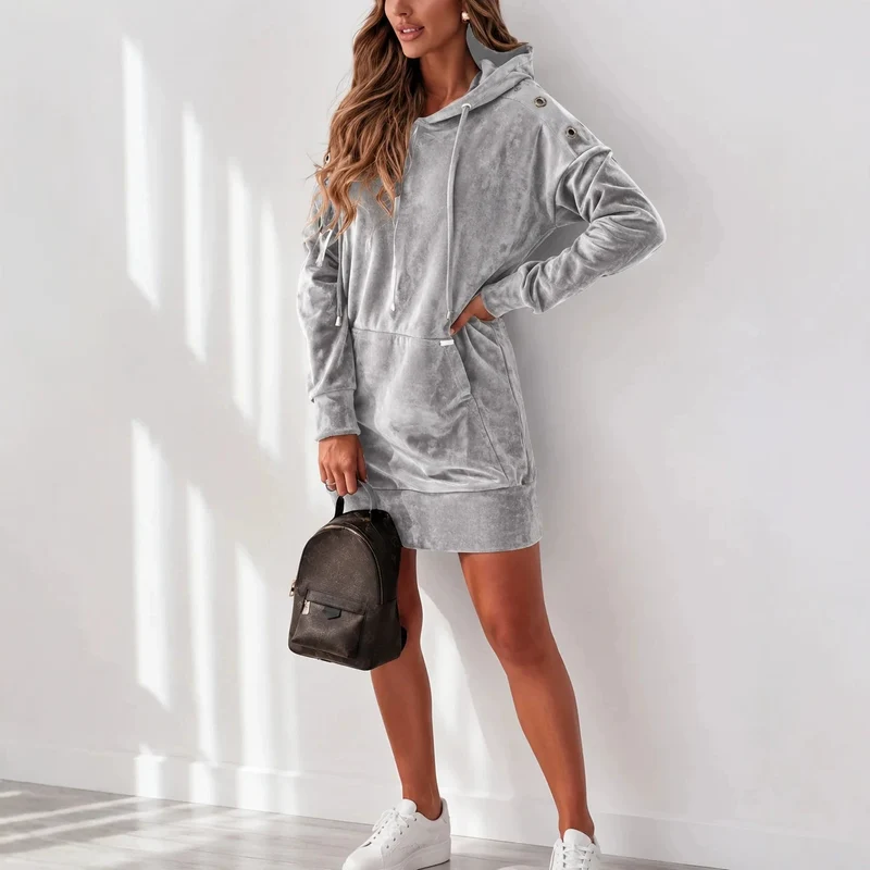 Damen Velours-Hoodiekleid im Oversize-Minikleid-Stil mit Schulterösen Nord Taschen