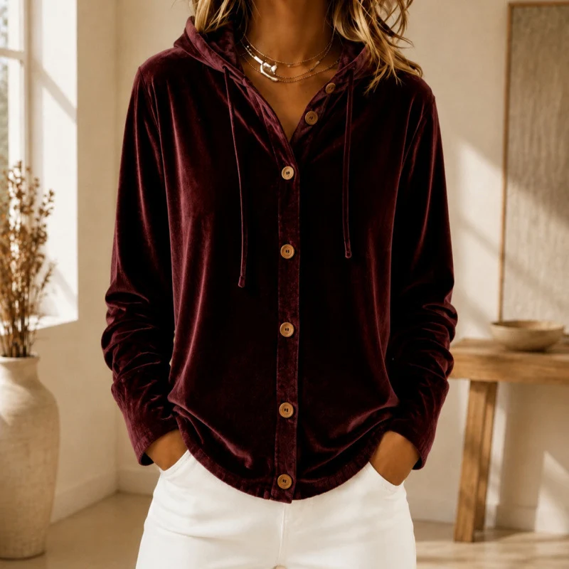 Damen Velours-Hemdjacke mit Kapuze und Knopfleiste Nord Taschen