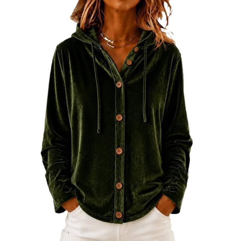 Damen Velours-Hemdjacke mit Kapuze und Knopfleiste Nord Taschen