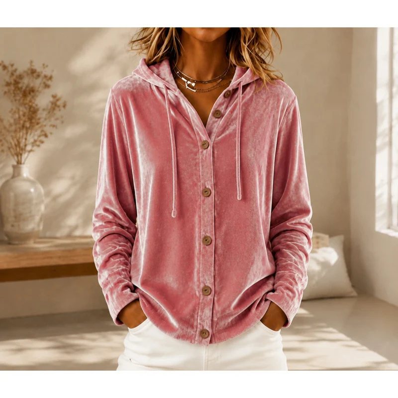 Damen Velours-Hemdjacke mit Kapuze und Knopfleiste Nord Taschen