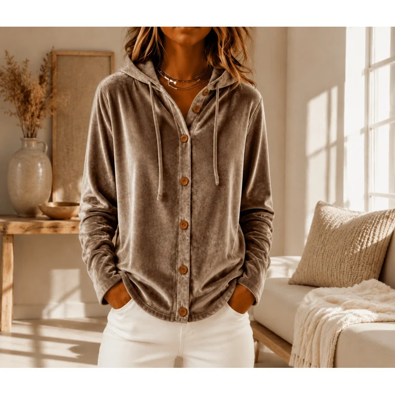 Damen Velours-Hemdjacke mit Kapuze und Knopfleiste Nord Taschen