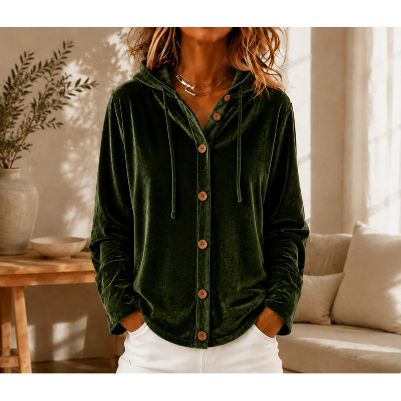 Damen Velours-Hemdjacke mit Kapuze und Knopfleiste Nord Taschen