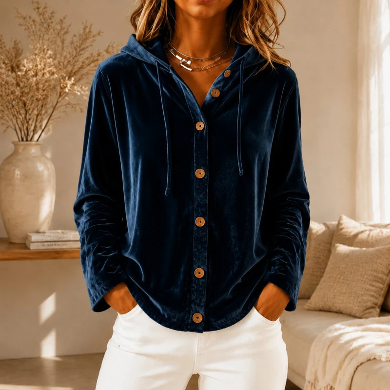 Damen Velours-Hemdjacke mit Kapuze und Knopfleiste Nord Taschen