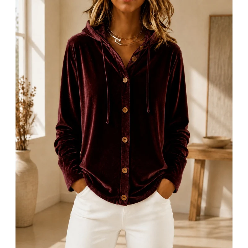 Damen Velours-Hemdjacke mit Kapuze und Knopfleiste Nord Taschen