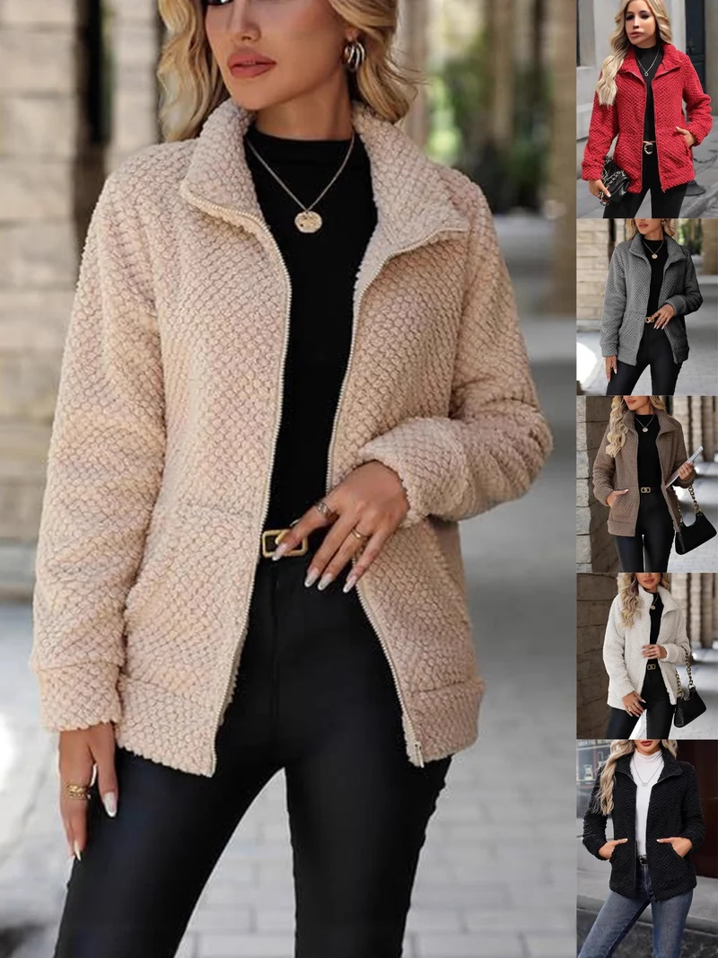 Damen Teddy-Fleece Jacke mit Reißverschluss und Stehkragen Nord Taschen