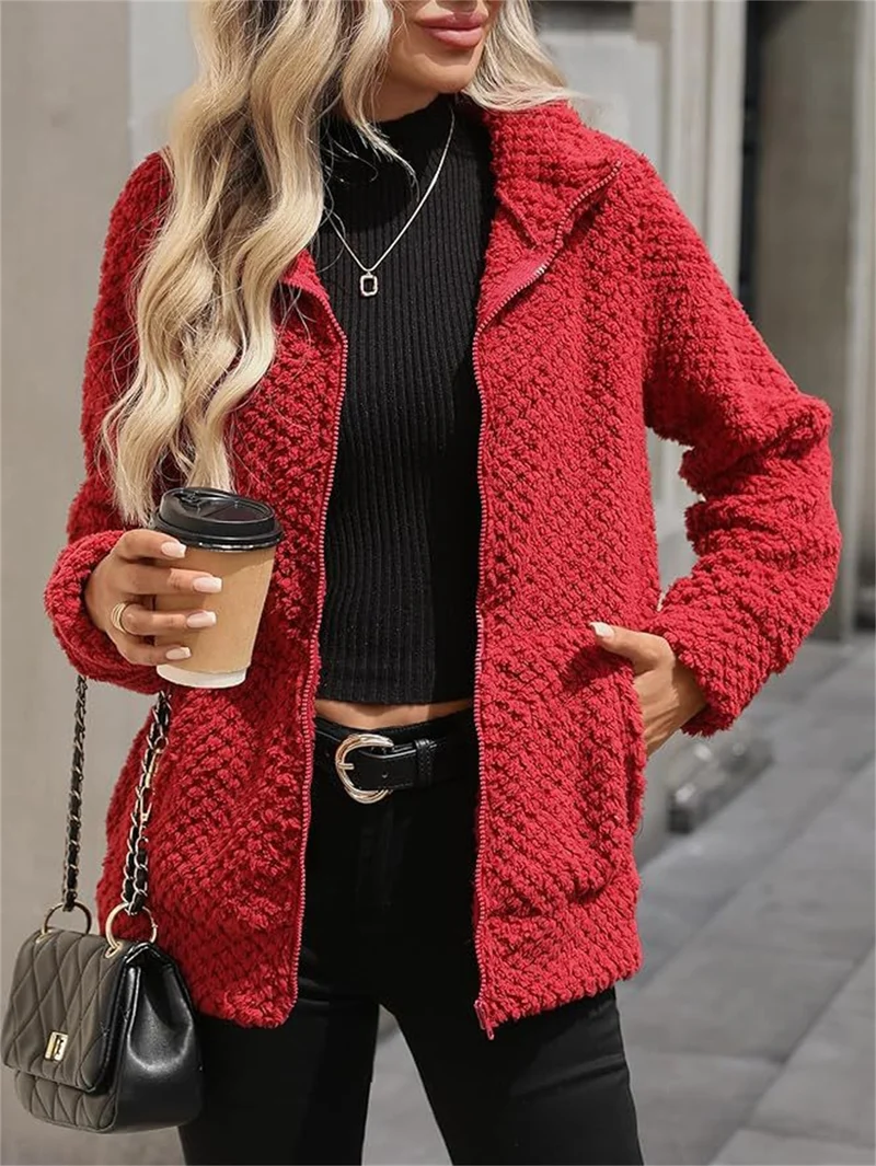 Damen Teddy-Fleece Jacke mit Reißverschluss und Stehkragen Nord Taschen