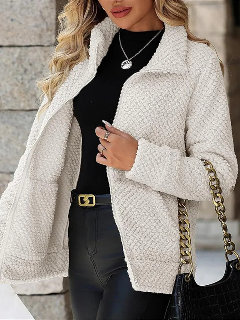 Damen Teddy-Fleece Jacke mit Reißverschluss und Stehkragen Nord Taschen