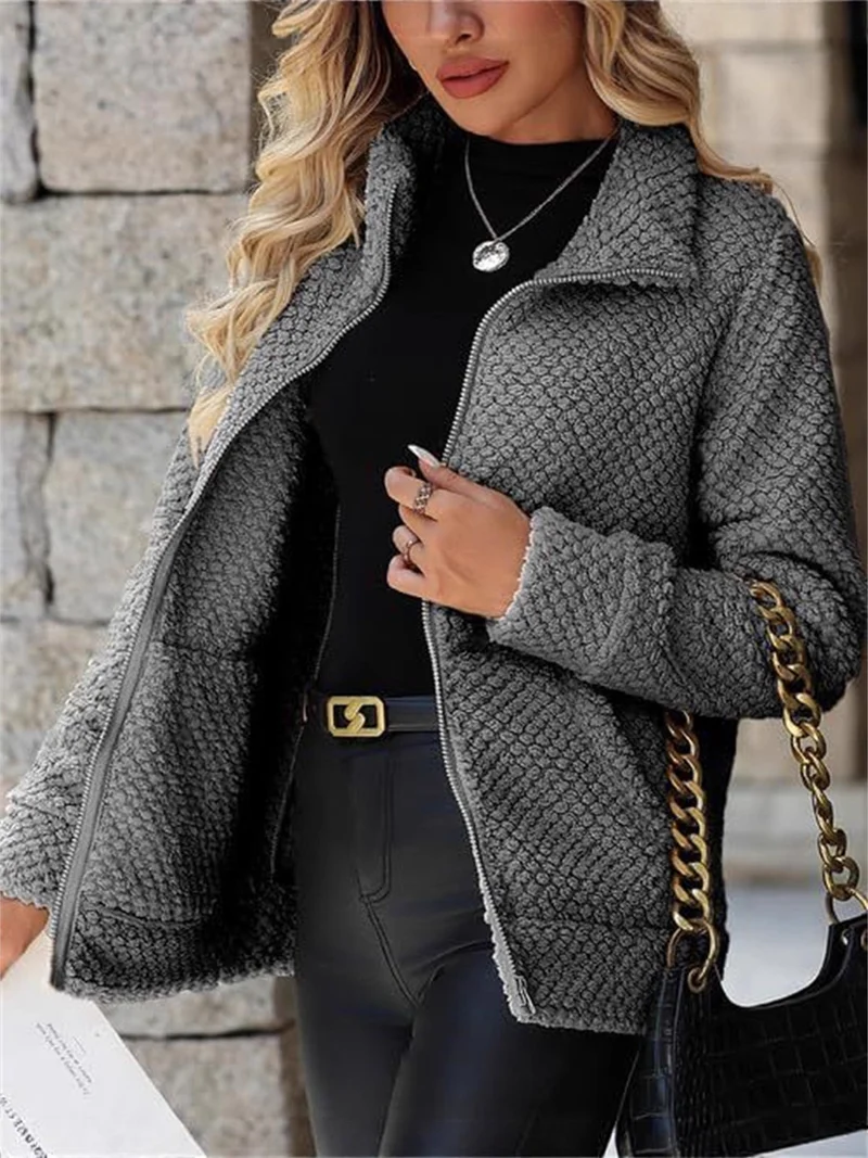 Damen Teddy-Fleece Jacke mit Reißverschluss und Stehkragen Nord Taschen