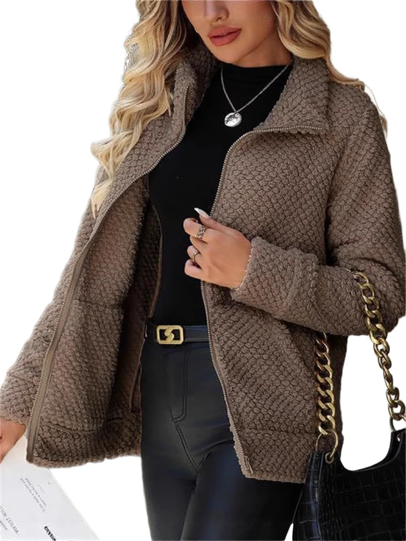 Damen Teddy-Fleece Jacke mit Reißverschluss und Stehkragen Nord Taschen