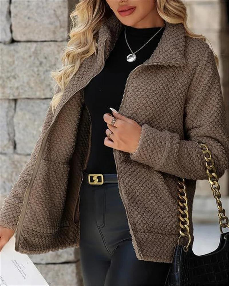 Damen Teddy-Fleece Jacke mit Reißverschluss und Stehkragen Nord Taschen