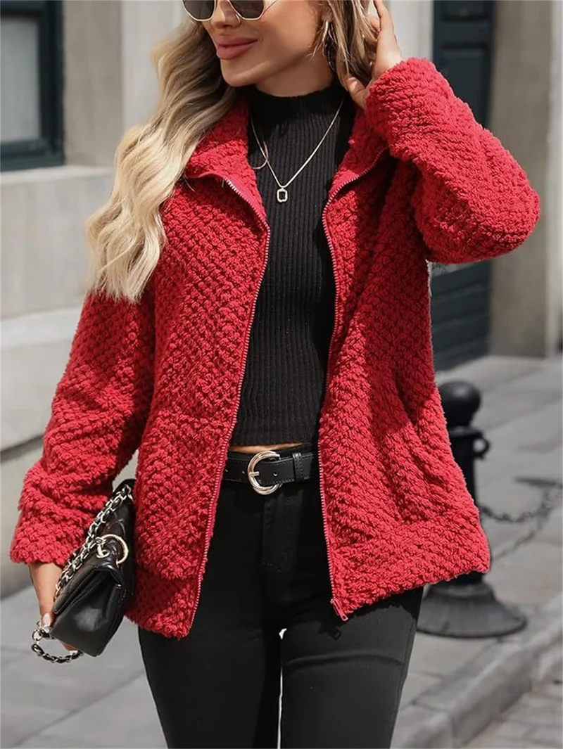 Damen Teddy-Fleece Jacke mit Reißverschluss und Stehkragen Nord Taschen