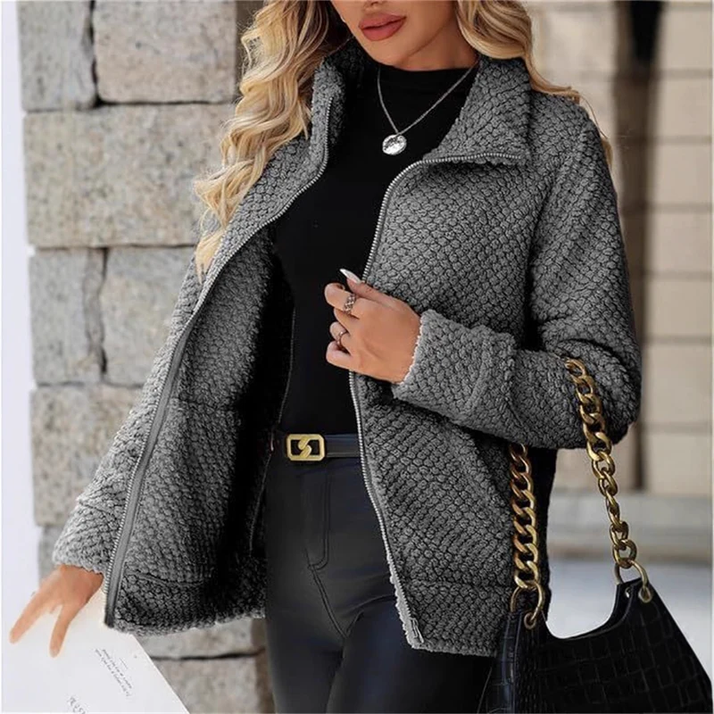 Damen Teddy-Fleece Jacke mit Reißverschluss und Stehkragen Nord Taschen